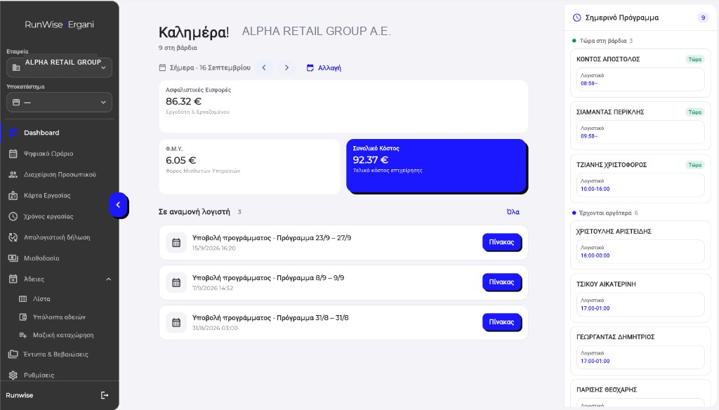 RunWise Dashboard — πρόγραμμα και κόστος ημέρας